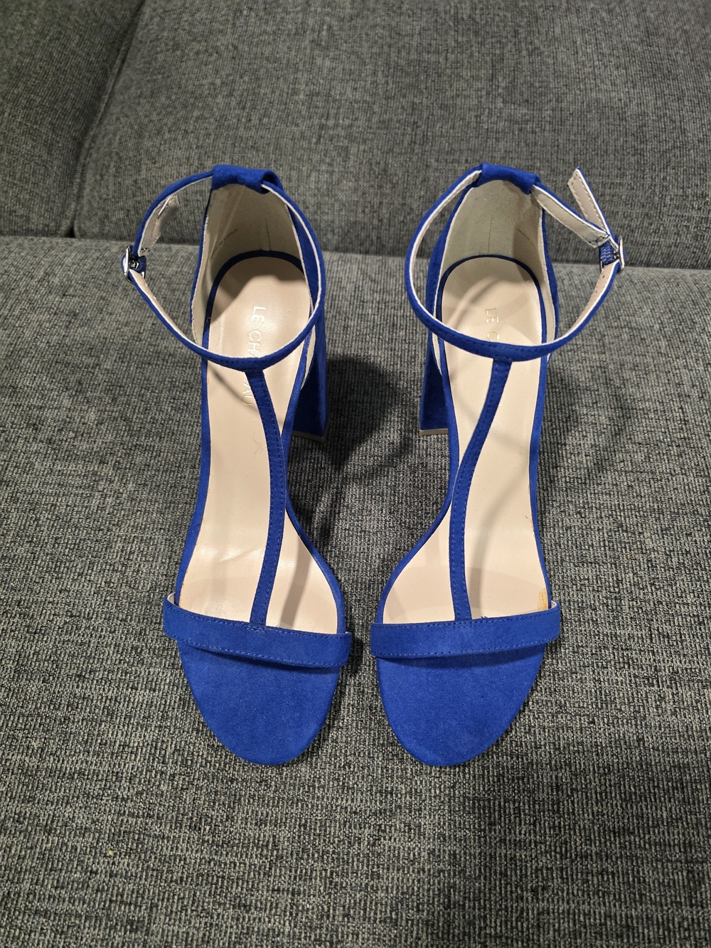 le chateau Cobalt Blue Suede T-Strap Block Heel Sandals